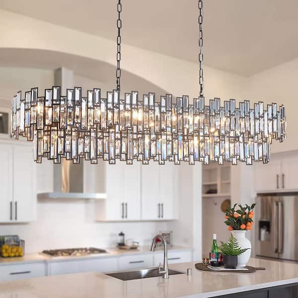 55 in. Modern Chandelier 21-Light 2-Tier Black Rectangle K9 Crystal Chandelier for Dining Room, Kitchen Island