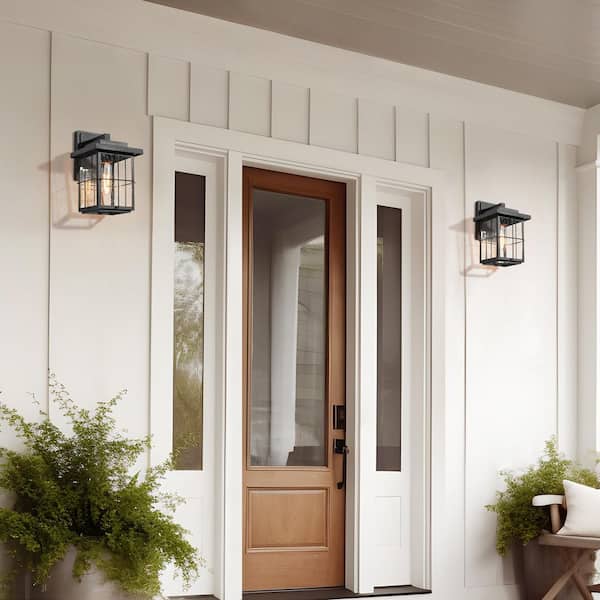 11 in. 2-Pack Black Square Outdoor Wall Lantern Sconce Modern Industrial Seeded Glass Porch Wall Lamp Metal Wall Decor