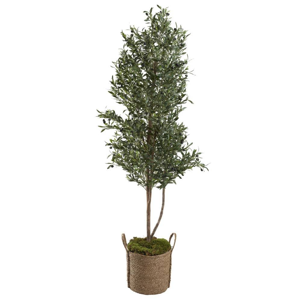 Indoor Artificial 7 Olive Tree In Natural Round Jute Basket