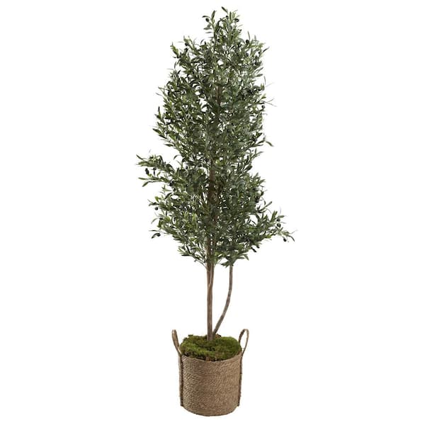 Unbranded Indoor Artificial 7' Olive Tree In Natural Round Jute Basket