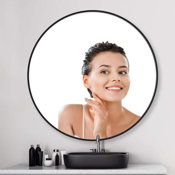 Unbranded 30 in. W x 30 in. H Lager Round Single Simple Aluminum Framed Wall Mounted Bathroom Vanity Mirror in Black