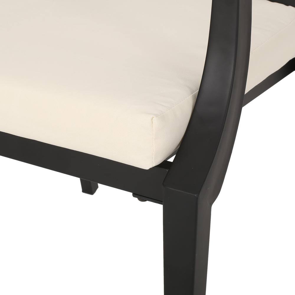 Matte Black Iron Outdoor Dining Chairs with Beige Cushions (Set of 2)