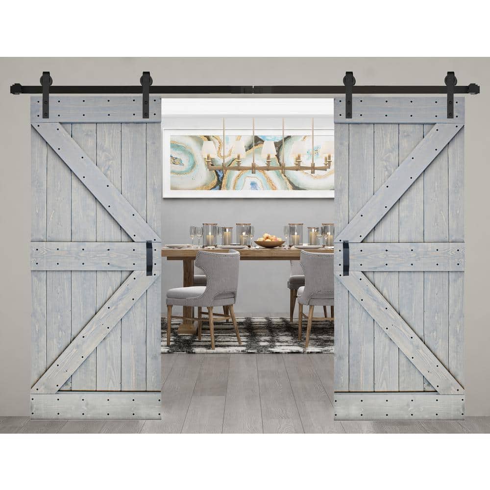 French Gray Solid Wood Double Sliding Barn Door Kit with Matte Black Hardware