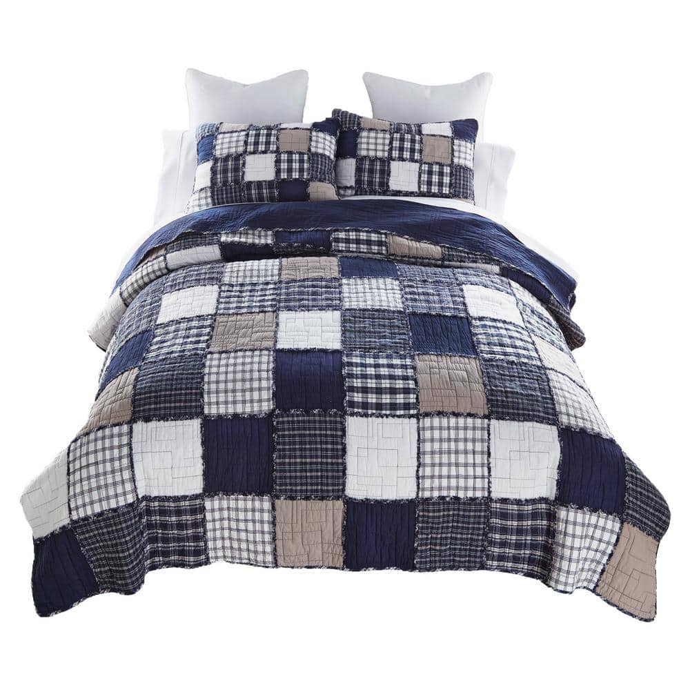Checkerboard Indigo Cotton King Quilt Set with Shams