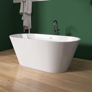 55 in. x 27.5 in. Free Standing Deep Soaking Tub Flatbottom Freestanding Alone Soaker Bathtub with Chrome Drain in White
