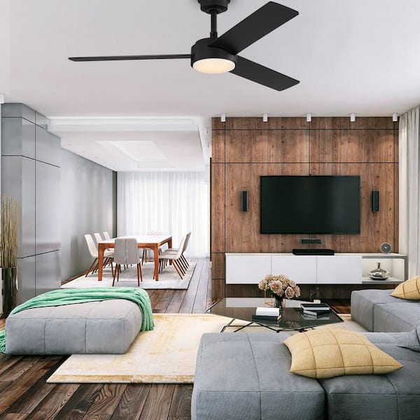 Cornwall 52 in. Matte Black Downrod Standard Ceiling Fan with 3-Blades, White Adjustable LED Light, DC Motor, and Remote