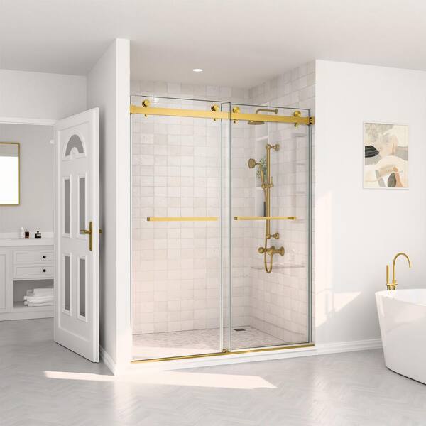 SHAAMA 66 in. W x 76 in. H Double Sliding Frameless Shower Door in Brushed Gold with Smooth Sliding and 3/8 in. Clear Glass