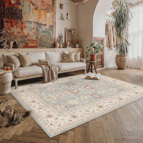 Plum Rain Blue/Beige 5 ft. x 7 ft. Washable Modern Abstract Area Rug