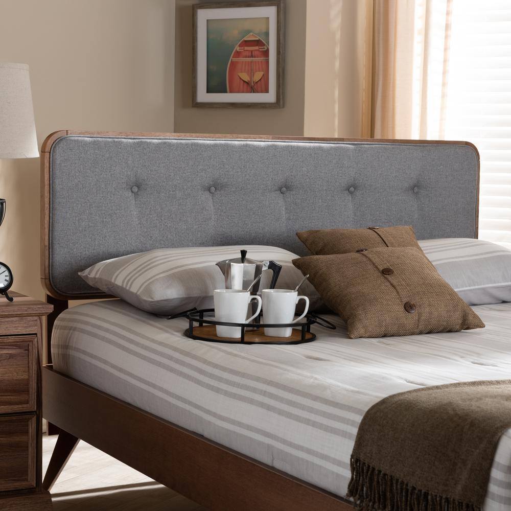 Gray Tufted Upholstered Queen Headboard with Walnut Wood Frame