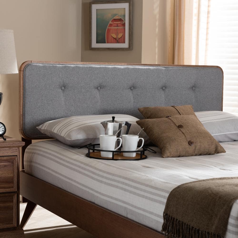 Gray Tufted Upholstered Queen Headboard with Walnut Wood Frame