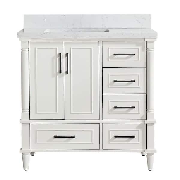 36 in. Solid Wood White Bath Vanity with Carrara White Cultured Marble Top, 5-Drawers, Soft-Closing, Assembled