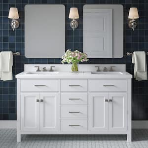 Bristol 61 in. W x 22 in. D x 36 in. H Double Freestanding Bath Vanity in White with Pure White Quartz Top