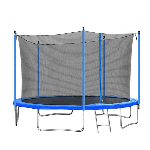 Miscool Anky 12 ft. Blue Iron+Plastic Trampolines with Basketball Hoop, Ladder and Safety Enclosure Net