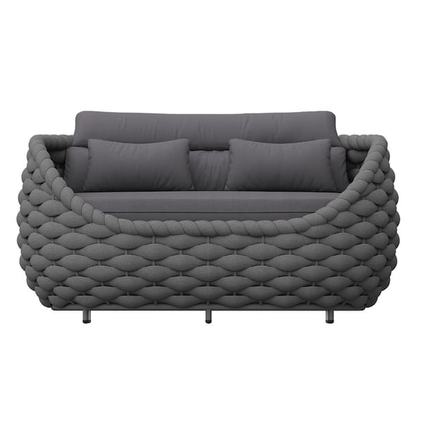 TWT Bird's Nest-Shaped Hand-Woven Dark Gray Aluminum Outdoor 2-seat Loveseat Couch with Dark Gray Cushions