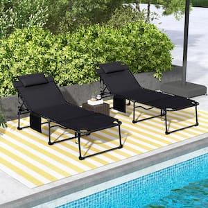 Black 2 Piece Outdoor Folding Chaise Lounge with 5-level Reclining Back, Reading Face Hole, Side Pocket and Headrest