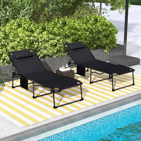 Unbranded Black 2 Piece Outdoor Folding Chaise Lounge with 5-level Reclining Back, Reading Face Hole, Side Pocket and Headrest