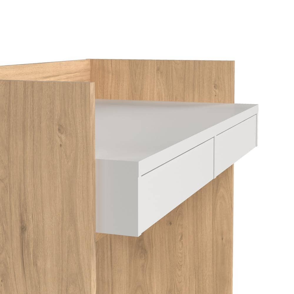 Compact White and Hickory Wood Writing Desk with Drawers