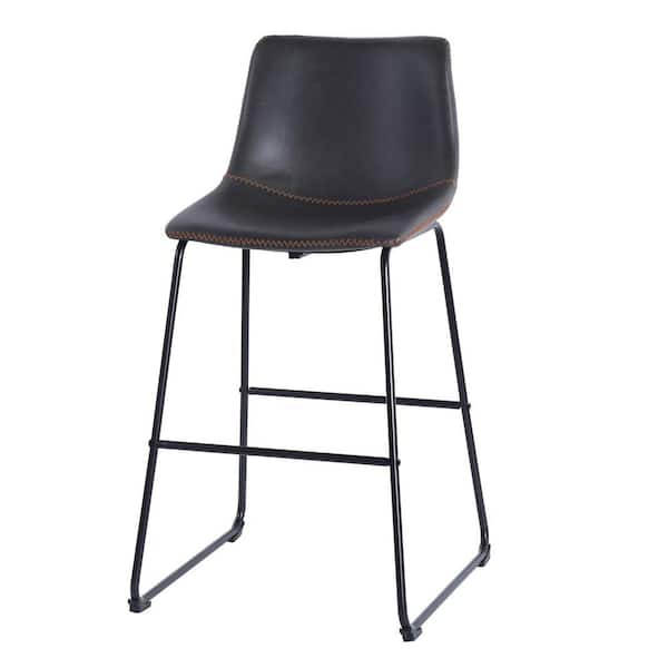 StyleCraft Clayton 27 in. Slate Gray, Black Powder Coated Low Back Metal Bar Stool with Leather Seat