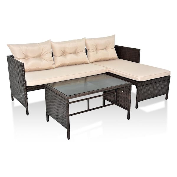 Brown Wicker Outdoor Sectional Set with Beige Cushions