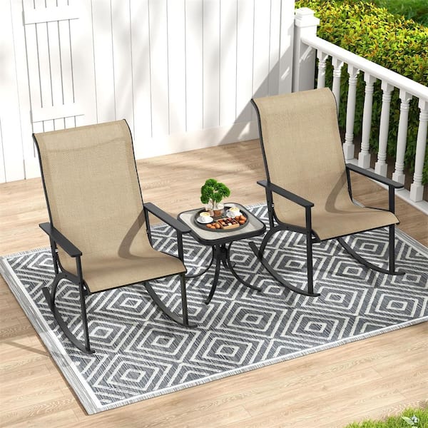 3 Piece Metal Rocking Bistro Set Outdoor Fabric Rocker Chairs Set with Coffee Table