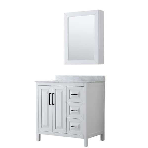 Wyndham Collection Daria 36 in. W x 22 in. D x 35.75 in. H Single Bath Vanity in White with White Carrara Marble Top and Mirror