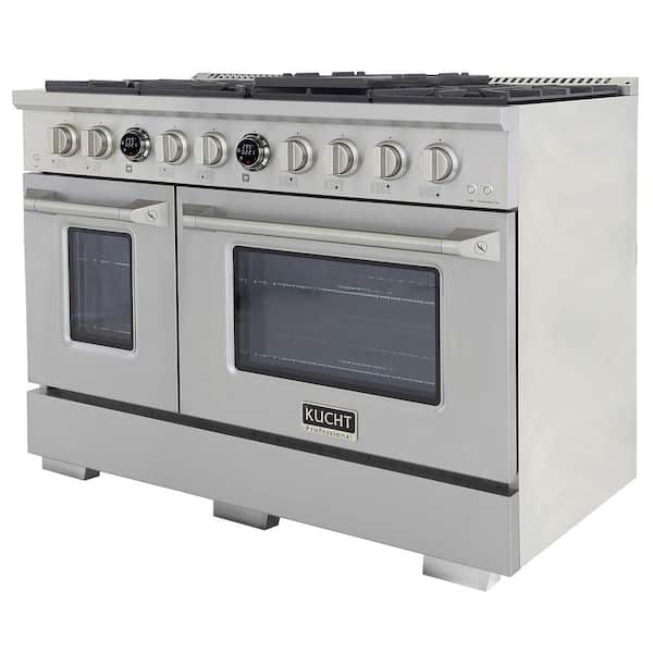 48 in. 6.7 cu. ft. 8 Burners Double Oven Dual Fuel Range for Propane Gas in Stainless Steel + Wall Mount Range Hood