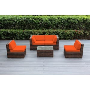 Ohana Mixed Brown 5-Piece Wicker Patio Seating Set with Supercrylic Orange Cushions