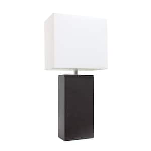 21 in. Modern Espresso Brown Leather Table Lamp with White Fabric Shade