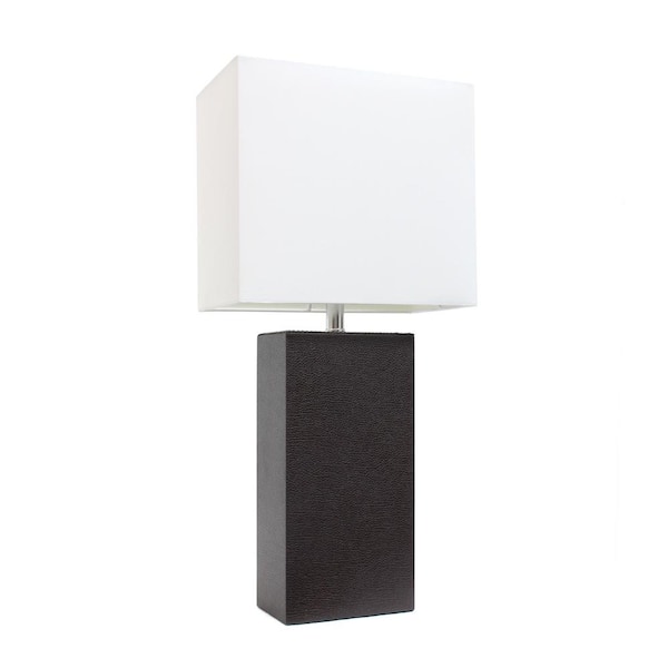 Elegant Designs 21 in. Modern Espresso Brown Leather Table Lamp with White Fabric Shade