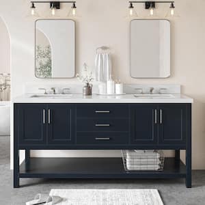 Magnolia 73 in. W x 22 in. D x 36 in. H Bath Vanity in Midnight Blue with White Carrara Marble Vanity Top with Basins