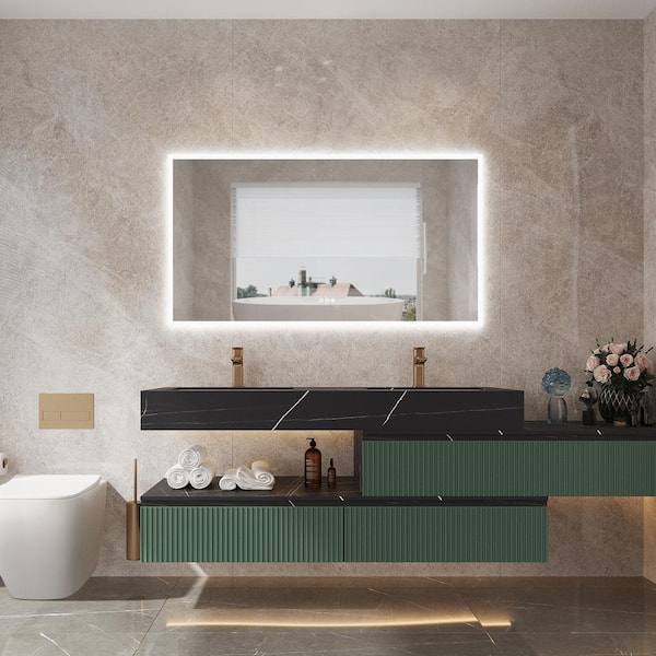 WELLFOR 55 in. W x 30 in. H Rectangular Frameless Backlit and Front Lighted Mounted Wall Bathroom Vanity Mirror