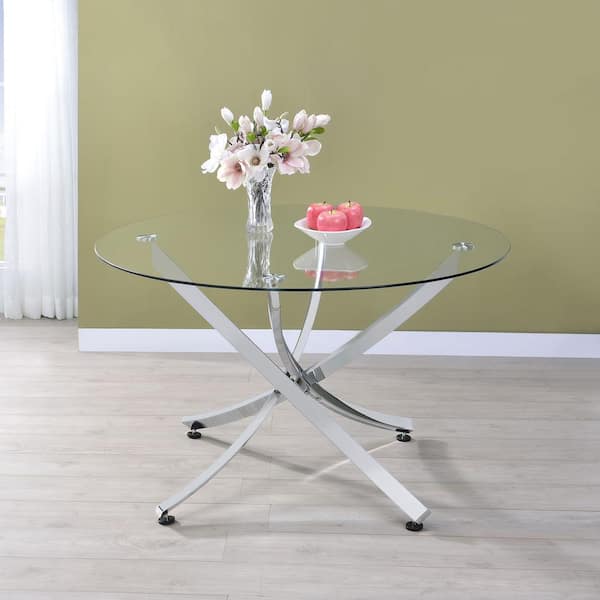 Coaster Beckham Round Chrome and Clear Glass Top Asterisk Cross Legs Dining Table Seats 4
