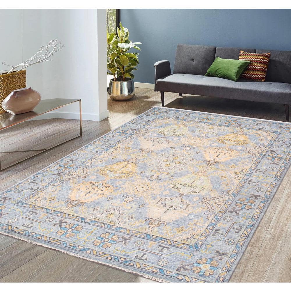 Hand-Knotted Light Blue Wool Floral Rectangular Rug
