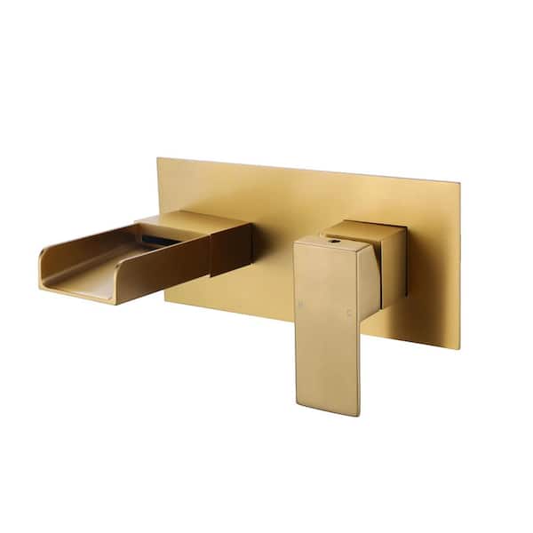 AIMADI Single Handle Wall Mounted Bathroom Faucet with Valve 2-Hole Brass Waterfall Bathroom Sink Taps in Brushed Gold