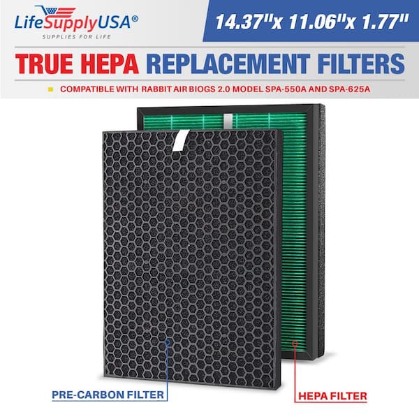 LifeSupplyUSA 1-True HEPA Air Cleaner Replacement Filter plus 1-Carbon Filter Set Compatible with RabbitAir BioGS 2.0 Ultra Quiet