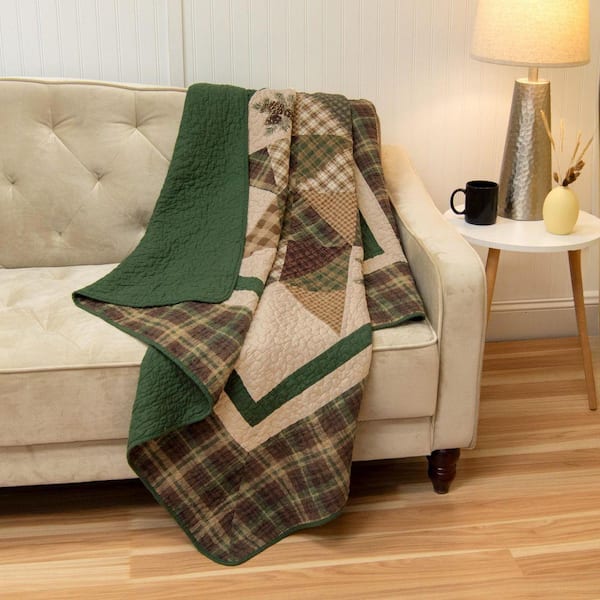 Pine Star Green and Beige Cotton Throw Blanket