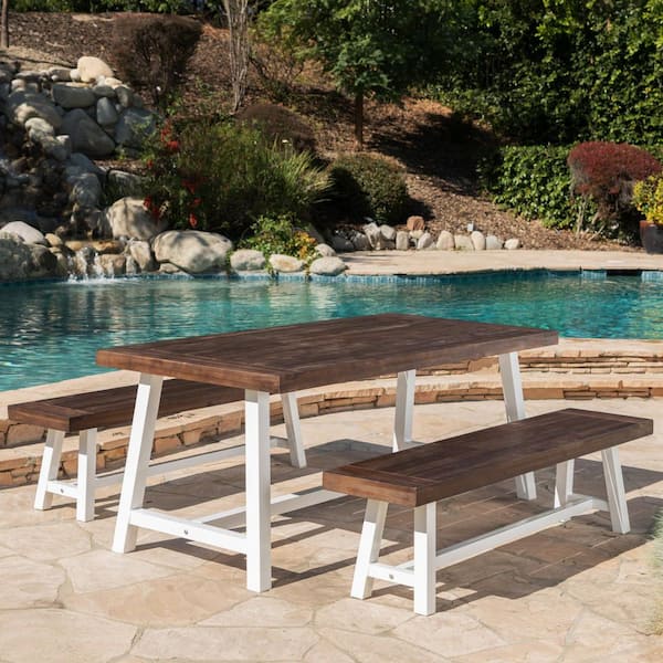 Rustic White 3-Piece Metal and Dark Brown Wood Rectangular Outdoor Patio Picnic-Style Dining Set