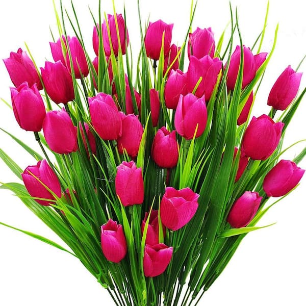 15.25 in. Rose Red 8 Bundles Outdoor Artificial Tulips Fake Flowers UV Resistant Faux Plastic Greenery Shrubs Plants
