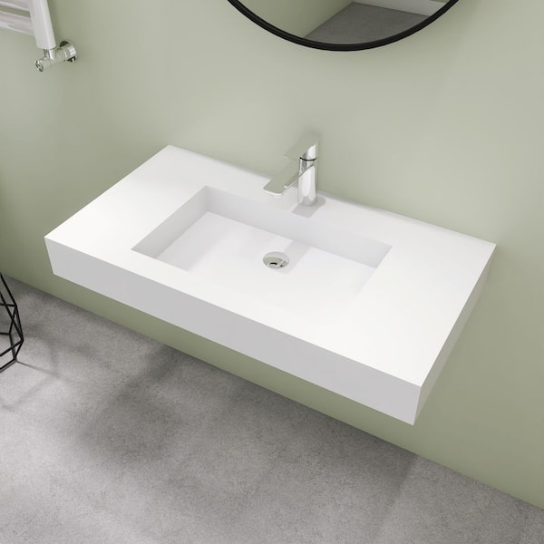 35 in. Wall Mount Rectangle Vessel Sink with Faucet Hole, Solid Surface Bathroom Vessel Sink