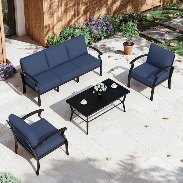 5-Piece Patio Aluminum Conversation Set with Rectangular Table and Navy Cushions, All-Weather Resistant