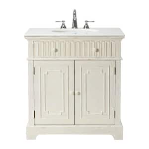 Manor 32 in. Vanity in Distressed White with Natural Marble Vanity Top in White