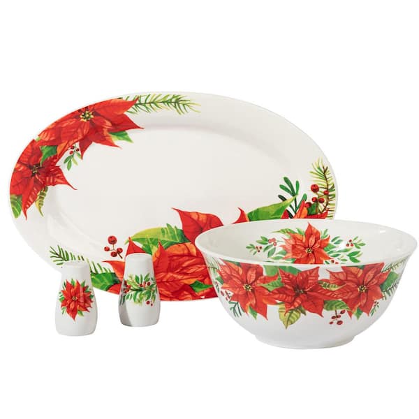 Gibson Home 4-Piece Ceramic Serving Set in White With Poinsettia Decorations