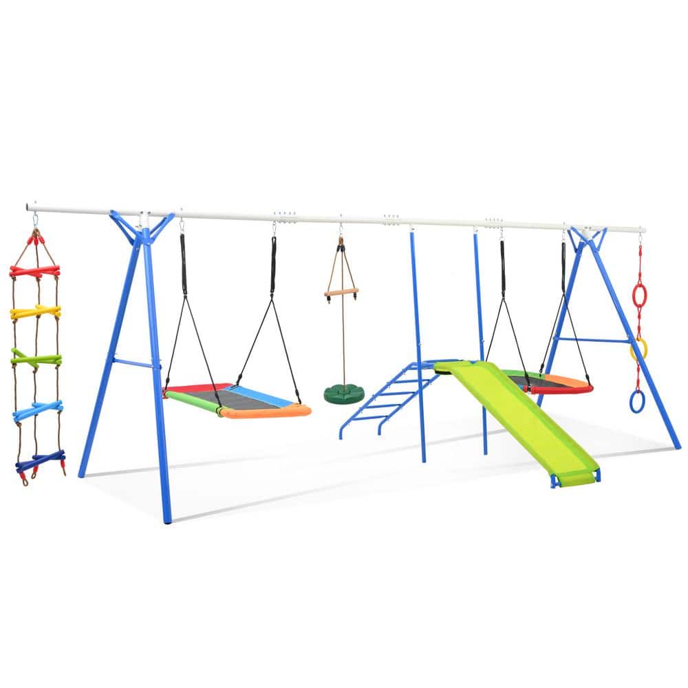 6 in 1 Metal Outdoor Swing and Slide Playset Small Kids with Climbing Rope 