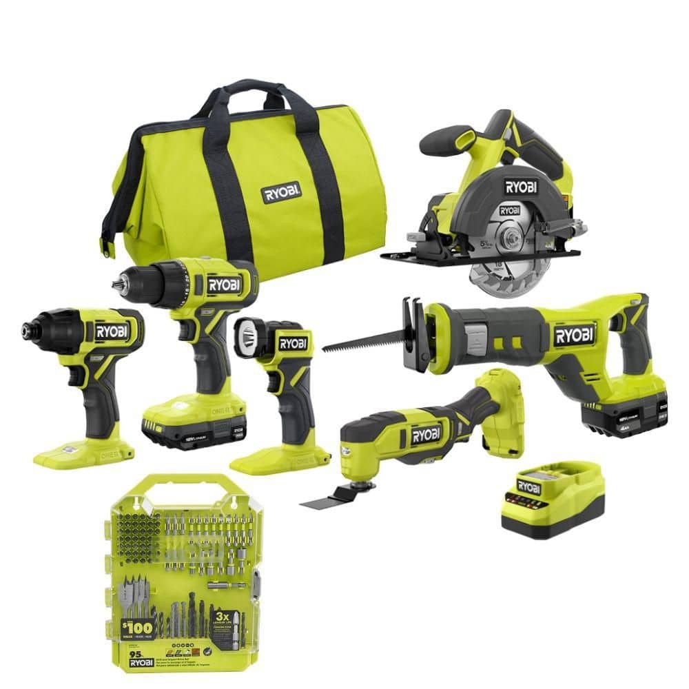 Ryobi ONE+ 18V Cordless 6-Tool Combo Kit w/ (2) Batteries, Charger & Drill & Impact Drive Kit (95-Piece)