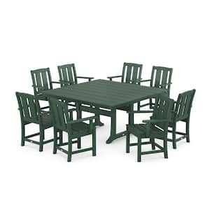 Mission 9-Piece Farmhouse Trestle Plastic Square Outdoor Dining Set in Green