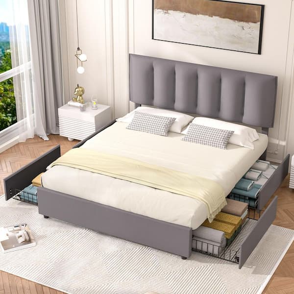 VECELO Upholstered Bed Frame, Gray Queen Metal Frame With 4