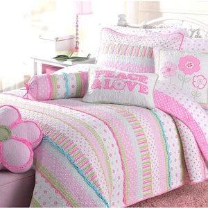 Peace and Love Flower 2-Piece Polka Dot Stripe Plaid Ruffled Pink Blue Cotton Twin Quilt Bedding Set