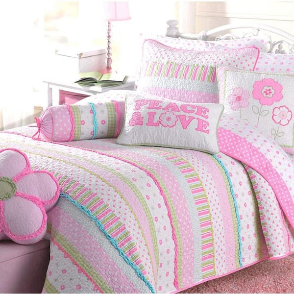 Cozy Line Home Fashions Peace and Love Flower 2-Piece Polka Dot Stripe Plaid Ruffled Pink Blue Cotton Twin Quilt Bedding Set