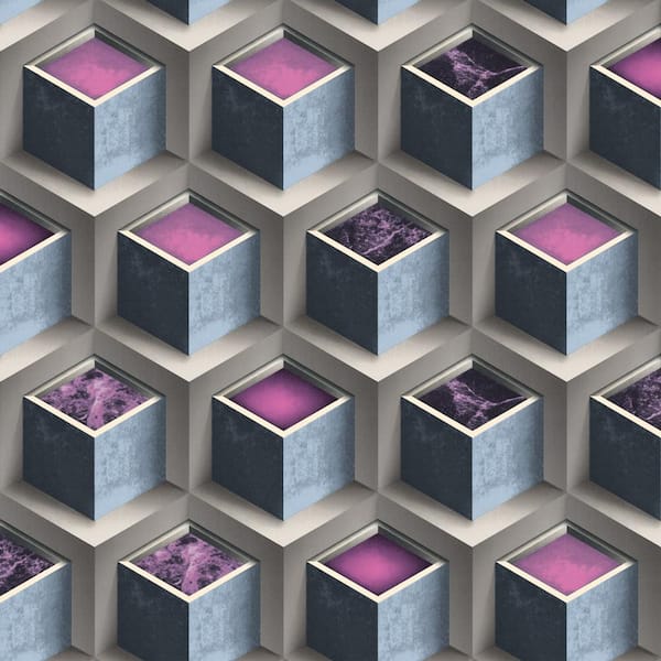 Dundee Deco Falkirk Ophia Cubes Purple, Grey Vinyl Peelable Roll (Covers 57 sq. ft.)