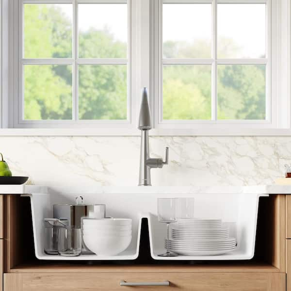 Karran Retrofit Farmhouse Apron Front Quartz Composite 34 in. Double Bowl Kitchen  Sink in Grey QAR-750-GR - The Home Depot